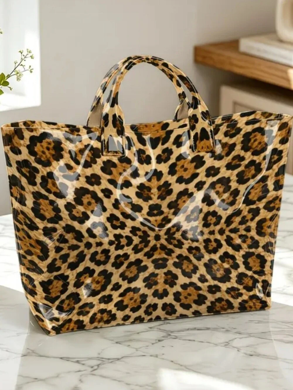 Women Beautiful Daily Commute Brown Tote Bag Lropard PVC Large Print